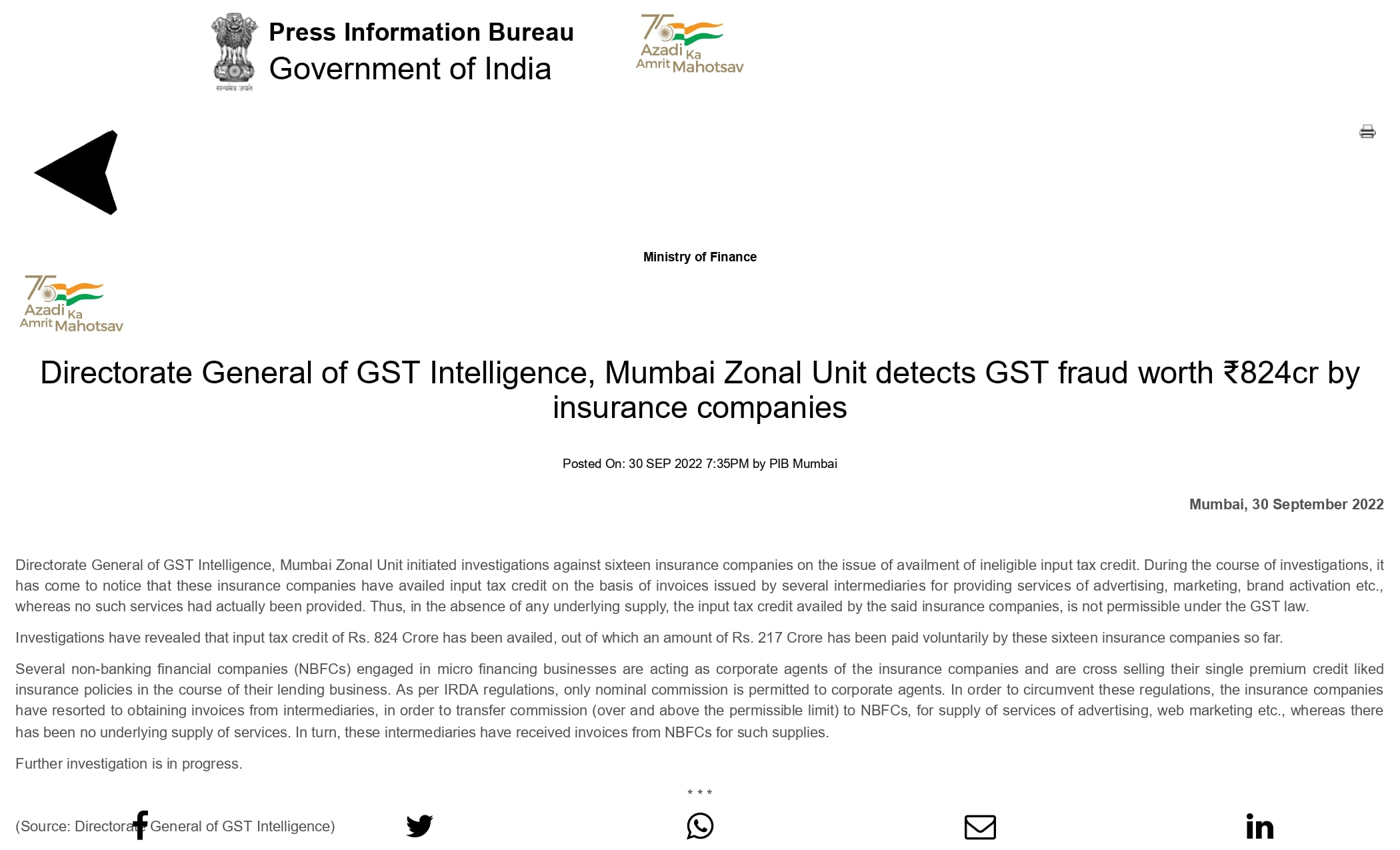 Directorate General of GST Intelligence, Mumbai Zonal Unit detects GST fraud worth ₹824cr by insurance companies