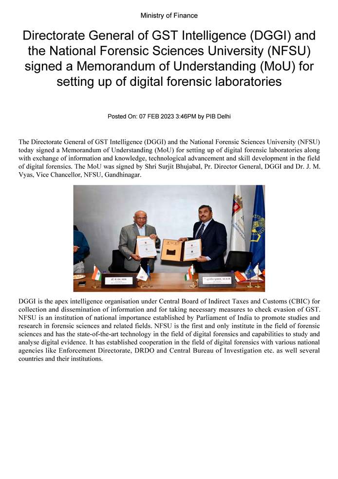 MOU between DGGI and NFSU for Setting Up of 05 Digital Forensic Labs