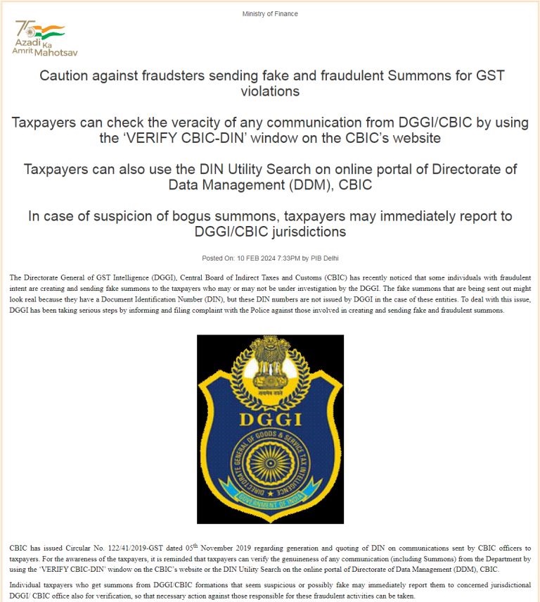 Caution against fraudsters sending fake and fraudulent Summons for GST violations